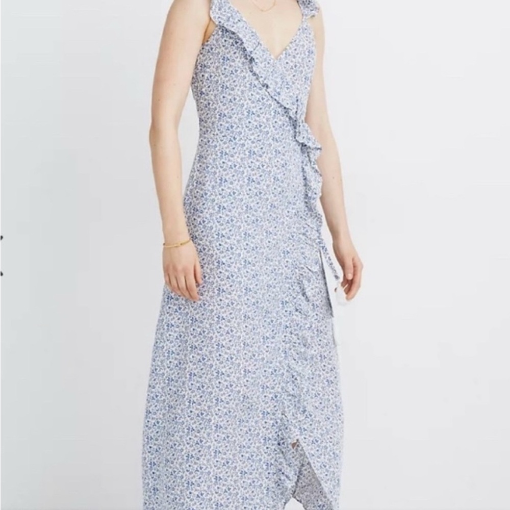 Madewell Blue and White Asymmetrical Wrap Dress